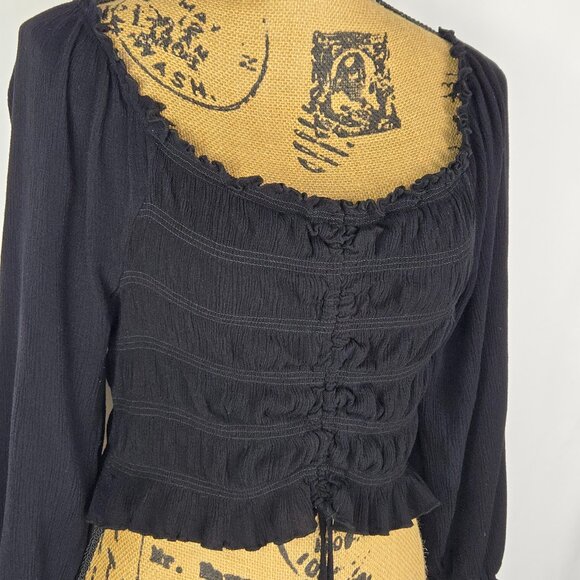 Rue21 Black Ruched Long Sleeve Top Womens Sz L Boho Peasant Cottagecore Romantic - Picture 1 of 14